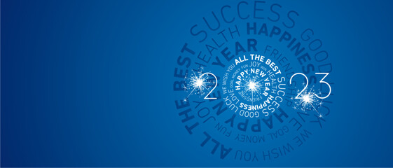 Happy New Year 2023 modern circle word cloud text with sparkle firework white blue greeting card