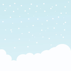 Blue sky background filled with white clouds with flying snowflakes. Soft and calm background. Suitable for children's or adults' background designs