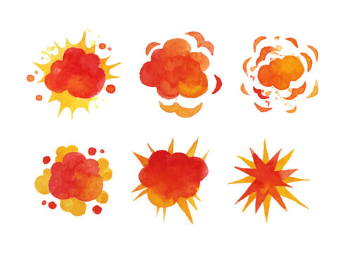 Explosions set. Orange and red watercolor splashes cartoon vector illustration