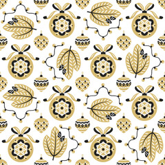 Seamless Christmas pattern with pine branches, holiday balls and garlands in gold and black style