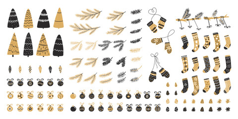 Set of Christmas decor for typographic design. Christmas trees, balls, socks, pine cones and fir branches. Vector illustration in black and gold style