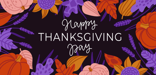 Obraz premium Background for Happy Thanksgiving Day with pumpkins, sunflowers and color autumn leaves