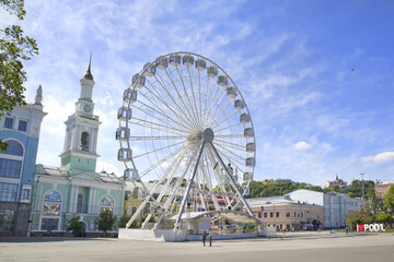 Ferris wheel on the Kontraktova Square on Podol in Kyiv, Ukraine	
