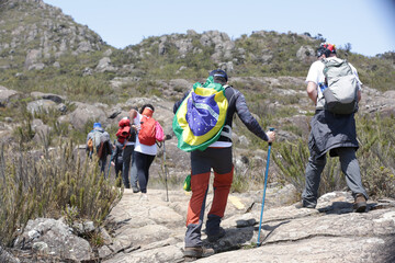 Mountaineer climbing brazil's highest peaks in the mountains with extensive hiking and backpacking.
