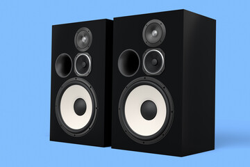 Fototapeta premium Hi-fi speakers with loudspeakers for sound recording studio on blue background.