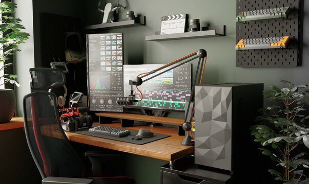 Comfortable home workplace for videographer and video editor. Working table with large monitors.