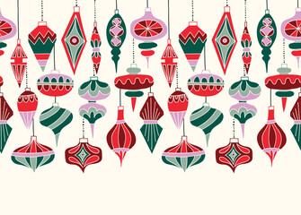 Retro Hanging Baubles Vector Seamless Horizontal Pattern Border. Vintage Winter Holidays Ornaments Background. Festive Mid Century Modern Graphic Print