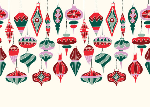 Retro Hanging Baubles Vector Seamless Horizontal Pattern Border. Vintage Winter Holidays Ornaments Background. Festive Mid Century Modern Graphic Print