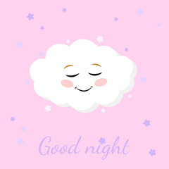 Vector illustration of cute sleeping cloud. Cute cloud vector illustration drawing. Cartoon cloud with cute face, print or icon on pink background for baby shower.