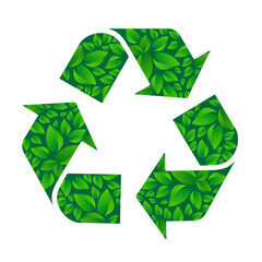 Recycle Sign icon made of Green leaf Isolated on white background.