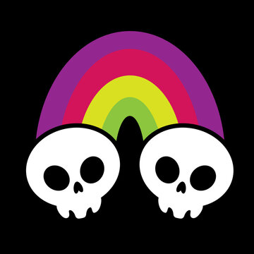 Vector illustration of two skulls linked by a multi-colored rainbow in cartoon style.