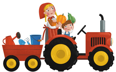 cartoon scene with working farmer woman mother with son illustration for children