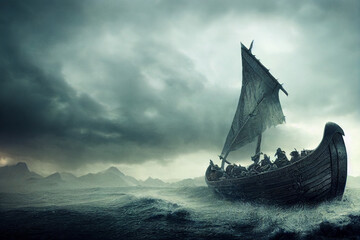 Viking`s battle ship Drakar in the middle of stormy sea.