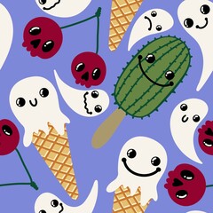 Halloween cartoon doodle seamless ghost ice cream and cactus and skulls cherry pattern for wrapping and fabrics