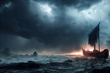 Viking`s battle ship Drakar in the middle of stormy sea.