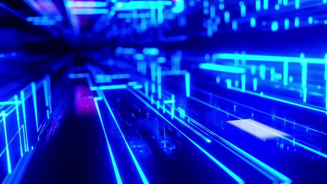 Neon light, sci-fi constructions, mysterious 3d objects and hologram. Flight through hi-tech technology tunnel with camera shake. Fly through technology cyberspace. 3d almost looped 4k bg