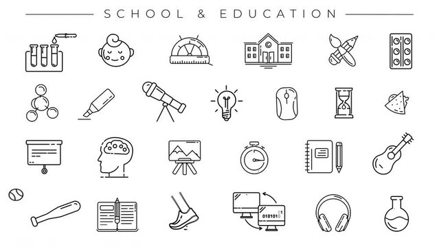 Collection of School and Education line icons on the alpha channel.