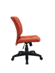 red office fabric armchair on wheels isolated on white background, side view. modern furniture, interior, home design
