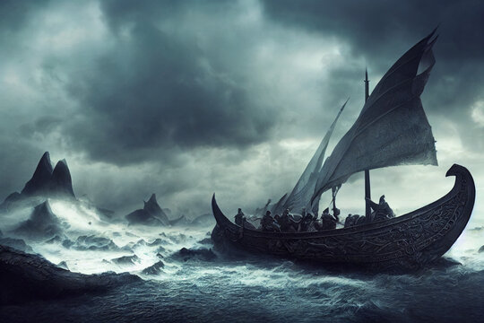 Viking`s battle ship Drakar in the middle of stormy sea.