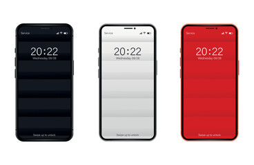 Different Variations Minimalist Red Black Light Grey 3D Smooth Blurred Lines Wallpaper Set On Photo Realistic Cell Phone Screen Isolated On White. Various Vertical Abstract Screensavers For Smartphone