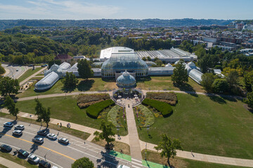 Phipps Conservatory and Botanical Gardens in Pittsburgh, Pennsylvania. Schenley Park's horticulture hub features botanical gardens and a steel glass Victorian greenhouse