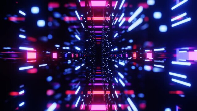 Fly through mirror designs form tunnel technology cyberspace with neon glow. Sci-fi flight through design complexity. Neon light. 3d looped seamless 4k bright background.
