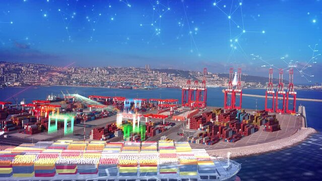 Futuristic Port with 5G network and AI technology 
Wifi communication, technology concept, Aerial shot with artificial intelligence, digital network, Harbour, Harbor in the future
