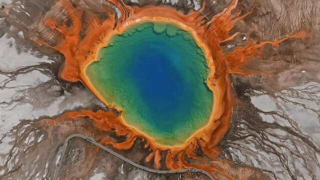 Grand Prismatic Spring view at Yellowstone National Park. Aerial scenic 4k video. Midway Geyser Basin, Yellowstone National Park, Wyoming, USA