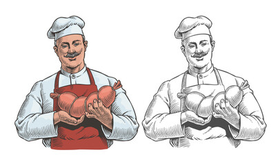 Naklejka premium Butcher holds a sausage isolated on white background. Meat factory production man worker portrait. Chef in uniform and apron. Engraving style vector illustration. Good for a label or packaging design.