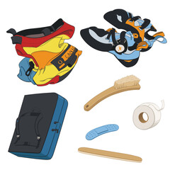 Vector illustrations of bouldering and climbing gear, including chalk bag, shoes, crash pad, brush, tape, bandage, and nail file. - obrazy, fototapety, plakaty