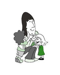 Cute happy children smiling and laughing hugging to a crouched dark long hair woman. Cartoon style vector illustration isolated on white background.