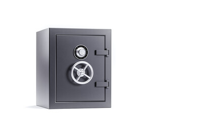 3D render of metallic safe deposit box with code lock on white isolated background