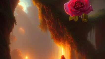 Fototapeta premium Fantasy landscape, majestic garden with roses. 3D illustration