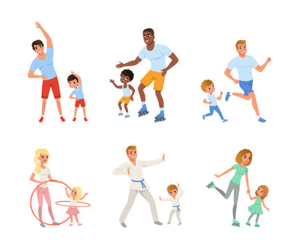 Parents and kids doing sports together set, Mom and dad running, rollerblading, spinning hula hoop, doing karate, rollerblading with their children cartoon vector illustration