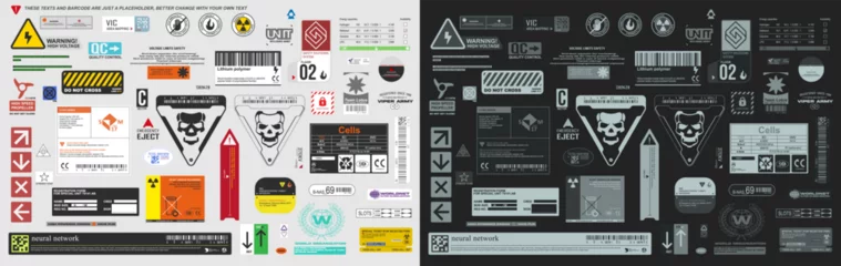 Fotobehang Industrial sci fi decal, or warning label sign for hard surface render vector collection © Anjar G