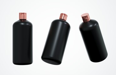 Different views of black plastic shampoo bottle 3D render isolated on white background, cosmetic hair care product design concept and branding ready mockup