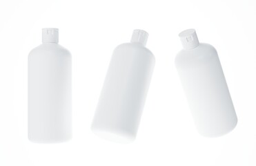 Different views of plastic shampoo bottle 3D render isolated on white background, cosmetic hair care product design concept and branding ready mockup
