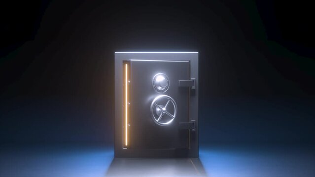 Strongbox with opening door in bank. 3d animation