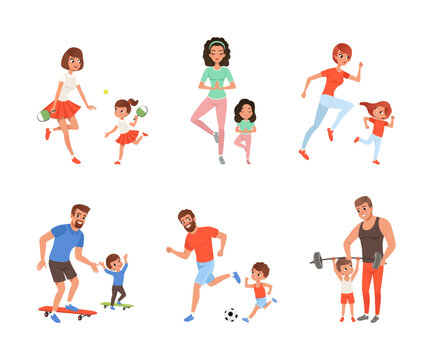 Parents and kids doing sports together set, Mom and dad playing table tennis, soccer, doing yoga, jogging, skateboarding, powerlifting with their children cartoon vector illustration