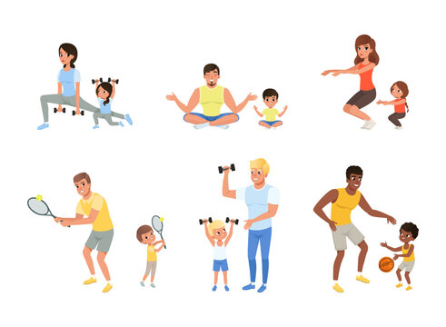 Parents and kids doing sports together set, Mom and dad playing tennis, basketball, doing yoga, exercising with dumbbells with their children cartoon vector illustration