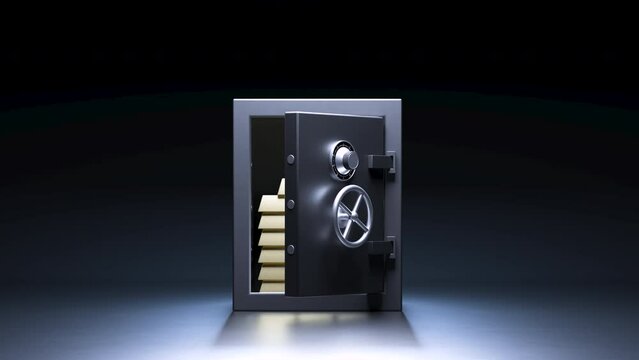 3d animation. Safe deposit box door opening with a stack of gold bars inside