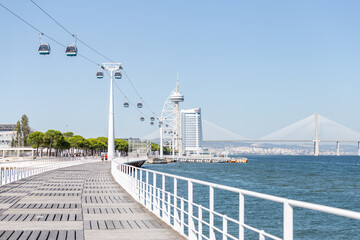 Vasco da Gama Tower and cable car at Park of The Nations in Lisbon (Parque das Nações) - obrazy, fototapety, plakaty