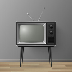 Vector 3d Realistic Retro TV Receiver on a Wooden Table Stand. Home Interior Design Concept. Vintage TV Set on the Wooden Floor. Television, Front View