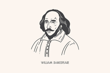 Black and white portrait of William Shakespeare. National poet and playwright of England. Vector illustration on a light isolated background.