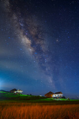 landscape of bamboo hut on terraced paddy rice field in starry night sky,Pa Pong Piang village,...