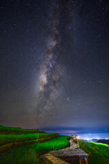 landscape of bamboo hut on terraced paddy rice field in starry night sky, Pa Pong Piang village,...