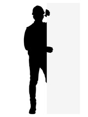Silhouette of workers with a helmet. A worker holding a sign. Vector flat style illustration isolated on white	