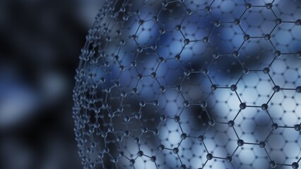 Spheres shredded into fine hexagonal atoms of metallic titanium under dark blue background. Concept 3D CG of strength analysis, blockchain information technology and social human relations.