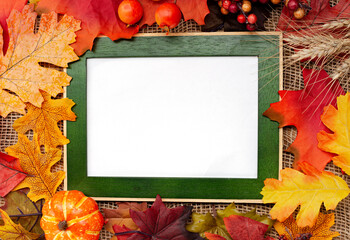 Thanksgiving holiday concept. Photo frame with white background, pumpkin and autumn leaves. Top view, copy space