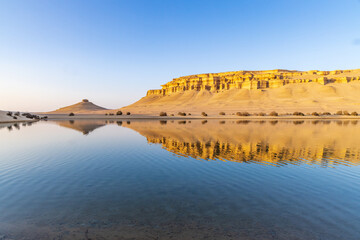 Reflections in Qarun Lake in the desert at Faiyum Oasis.